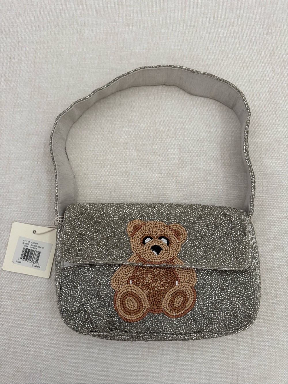 Beaded Silver Shoulder Bag with Teddy Bear Motif